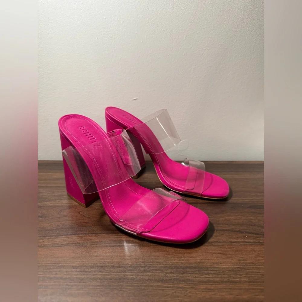 Schutz Victorie Pink Block Heels Clear Strap 8.5